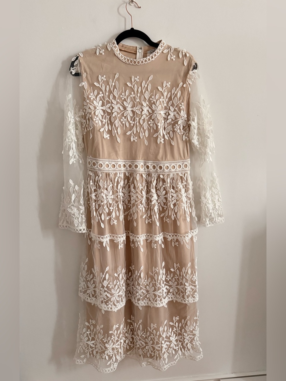 Beige Lace Tiered Midi Dress with White Embroidery